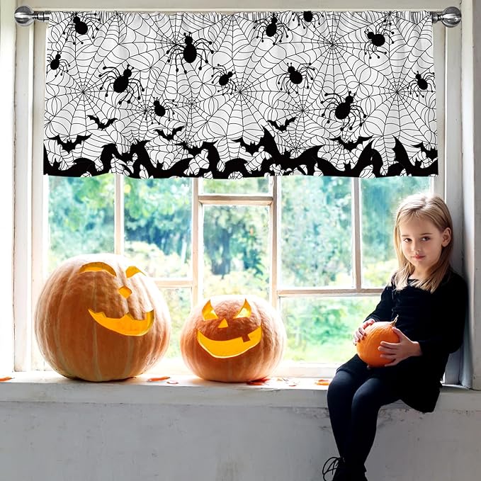 Halloween Curtain Valance 54 x 18 Inch Bat Spider Web Valance Curtain Rod Pocket White Black Short Window Treatment for Home Party Window Decor