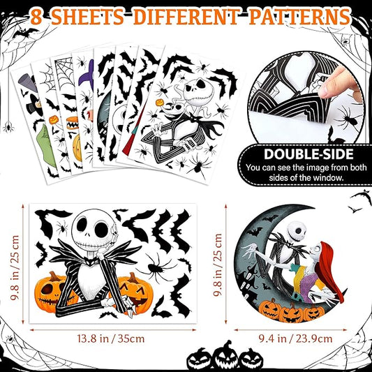 Halloween Window Clings 9 Styles, Nightmare Christmas Window Decorations Removable Stickers, Bats Spider Cartoon Window Decals 8 Sheets for Spooky Halloween Party Home Decor