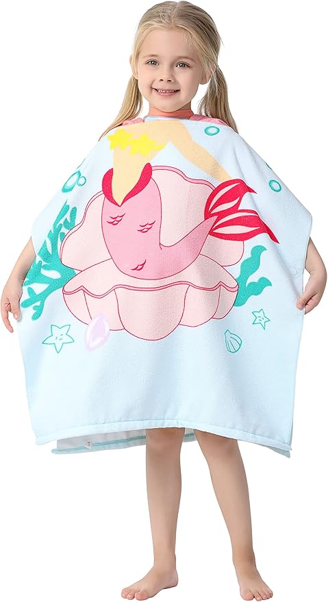 Toddler Girls' Wearable Bath Towel Mermaid Hooded Poncho Cover-ups Swimwear for Kid Girls Beach Pool