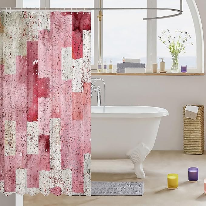 Feelyou Kids Geometric Pink White Bath Curtain Geometry Shower Curtain Boys Girls Checkered Bathroom Shower Curtain Set Modern Art Teens Bathroom Accessories Room Decor 72"x84"