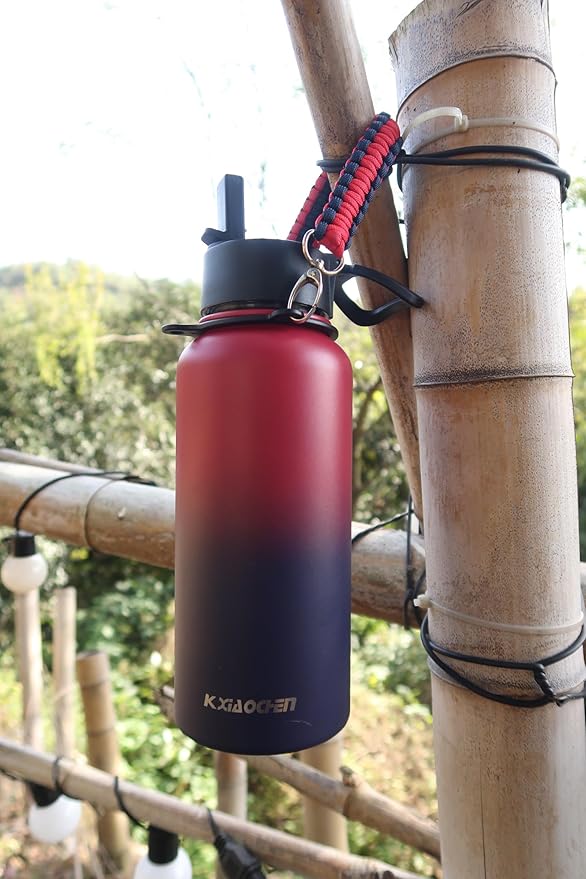 32 oz Insulated Water Bottle with Paracord Handles & Strap, 2 Lids(Straw Lid&Spout Lid), Stainless Steel Reusable Wide Mouth Metal Water Bottle With Straw, Double Walled, Thermo Mug(Dark Rainbow)