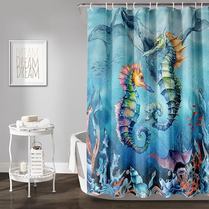 AILONEN Seahorse Shower Curtain for Bathroom,Watercolor Seahorse Bath Curtain,Blue Ocean Animal Whale Coral Fish Shower Curtain Waterproof with 12 Plastic Hooks, 48" W*72" H