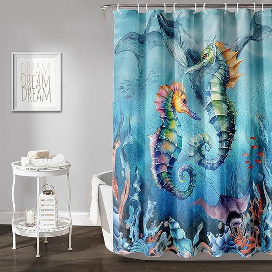 AILONEN Seahorse Shower Curtain for Bathroom,Watercolor Seahorse Bath Curtain,Blue Ocean Animal Whale Coral Fish Shower Curtain Waterproof with 12 Plastic Hooks, 48" W*72" H