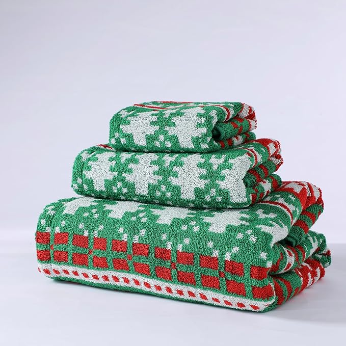 Luxury Christmas Tree Snowflakes Green Pattern Bath Towel Sets for Kids, 1 Bath Towels 1 Hand Towels 100% Cotton Ultra Soft Fluffy Highly Absorbent Towel for Women Elderly Gift