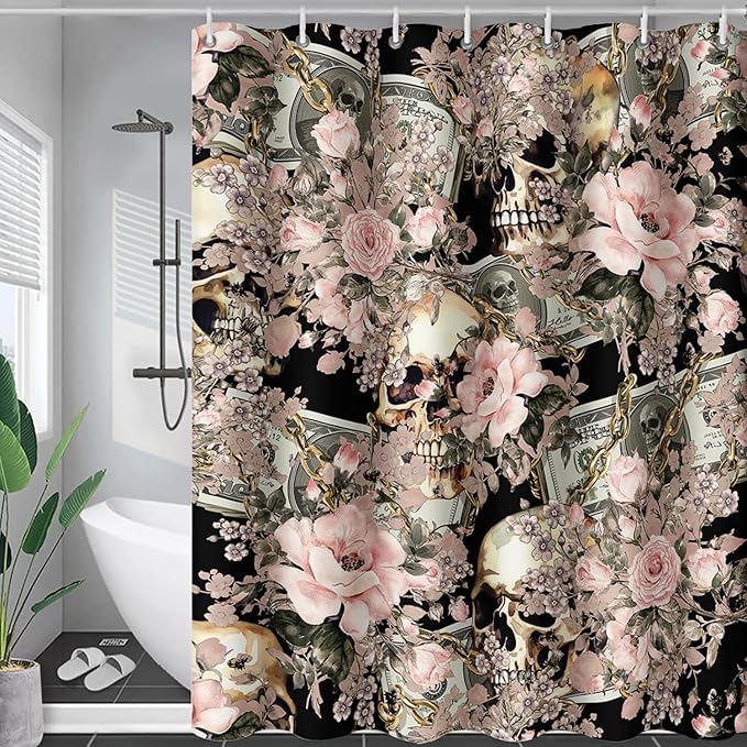AILONEN Sugar Skull Shower Curtain for Bathroom,Romantic Rose Flower Bath Curtain for Girls Women,Money Skull Skeleton Print Waterproof Curtain with 12 Plastic Hooks, 48" W*72" H