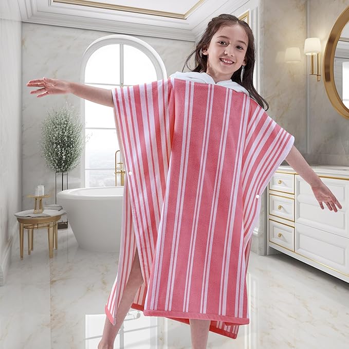 VOOVA & MOVAS Big Girl | Teens Towels with Hood (8-16Years), Large Thick and Absorbent Cotton Hooded Pool Towel Robe- Versatile for Pool, Swim, and Bath, Pink and White Cabana Striped