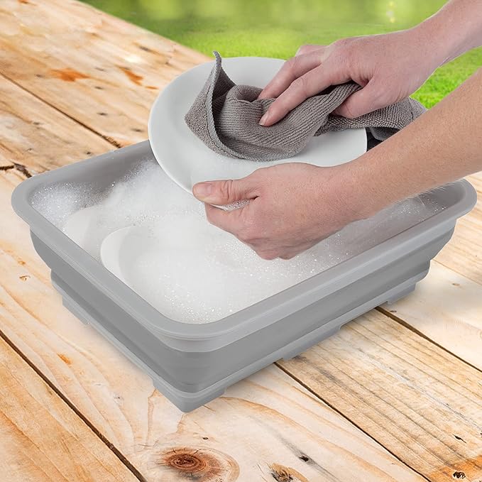 Wakeman 10L Gray Collapsible Multiuse Bin-Portable Wash Basin/Dish Tub/Ice Bucket with 10 L Capacity for Camping, Tailgating, Outdoors, 14.75” L x 10.75” W x 5” H