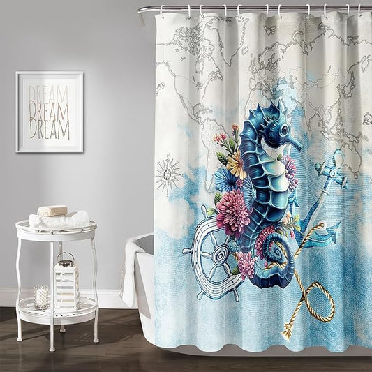 AILONEN Seahorse Shower Curtain for Bathroom,Nautical Coast Retro Map Ocean Bath Curtain 72" W*84" H,Blue Sea Animal Print Decorative Waterproof Curtain with 12 Plastic Hooks