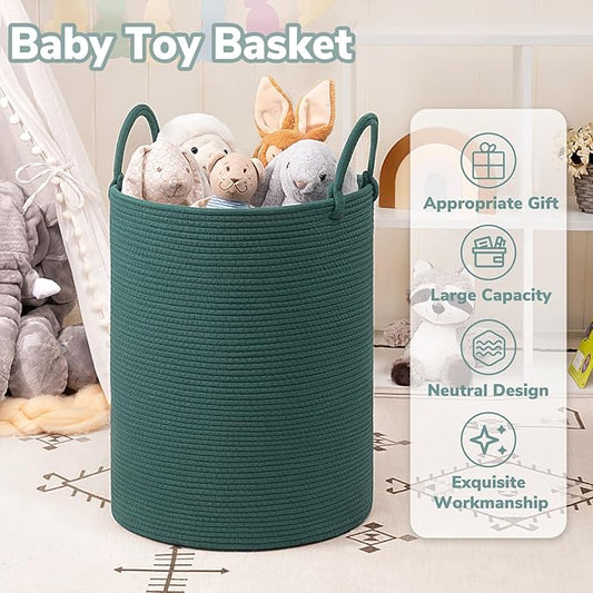 INDRESSME Large Laundry Basket Hamper for Clothes, Woven Rope Storage Basket Baby Hamper for Nursery, Blanket Basket Living Room, Tall Basket Toys Storage Toys Bin, 19.7 x 13.8 inches, Green