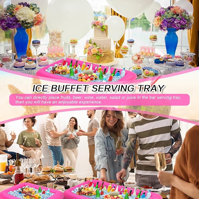 Leitee 4 Pcs Inflatable Ice Serving Bars Buffet Serving Tray Drink Cooler for Pool Party Inflatable Ice Tray Floating Food Drink Containers with Drain Plug and a Hand Pump, 2 Sizes (Pink)