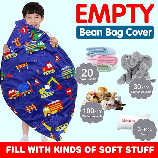Lukeight Stuffed Animal Storage Bean Bag Chair Cover for Kids, Zipper Beanbag Chair Cover for Organizing Toddler and Kids' Rooms Plush Toys (Excavator Velvet, XX-Large)