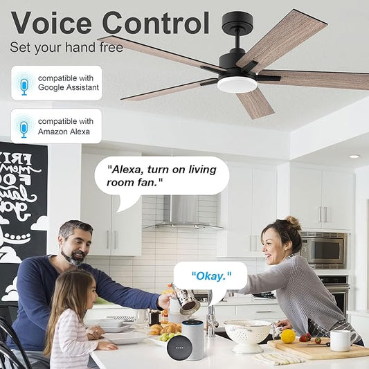 52” Smart Ceiling Fan with Lights Remote,Ultra Silent DC Motor,Control via Alexa Google Voice App Wifi,Outdoor Indoor Modern Ceiling Fans for Bedroom Patio Porch,Dimmable,Black Walnut Brown