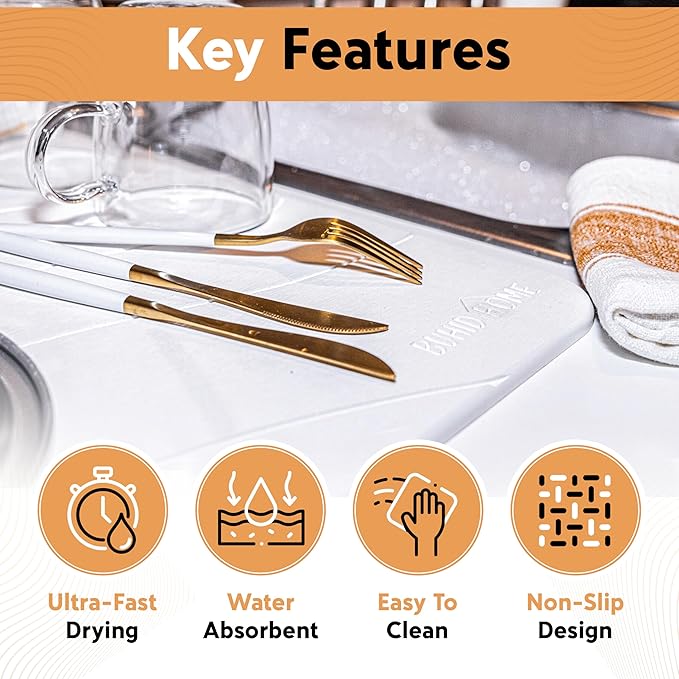 Stone Dish Drying Mat for Kitchen Counter - Absorbent Diatomaceous Earth Stone Dish Drying Mat, Fast Dry, Non-Slip & Heat Resistant Stone Mat - White Stone Mat for Kitchen 15.75"x11.8"