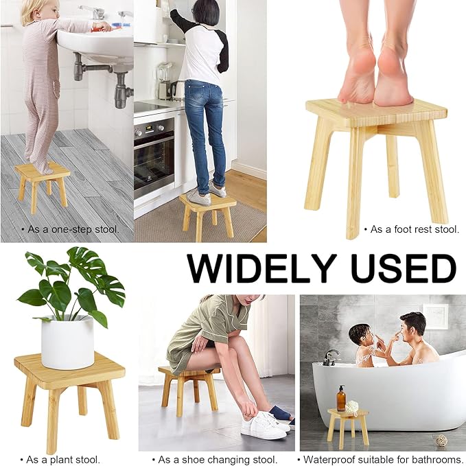Kids Step Stool - Toddler Stool - Bamboo Wooden Stepping Foot Stools Adult Bedside Step Stool for Bed 350 Lbs Capacity Portable Small Stools to Sit on (Small Square)