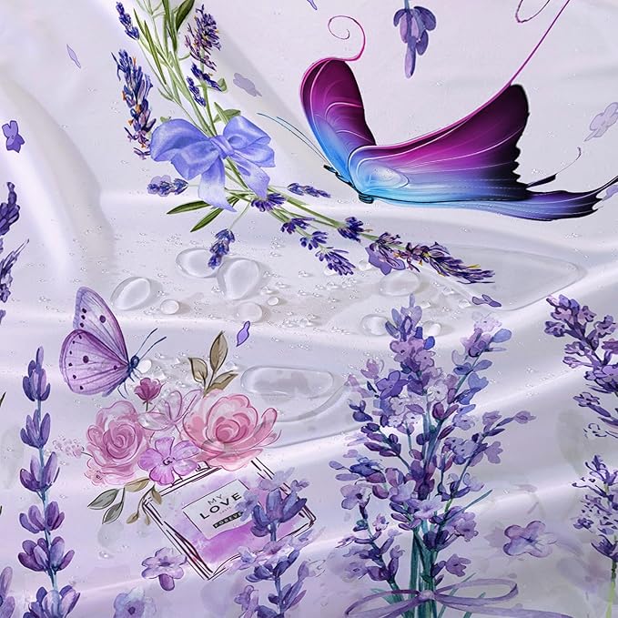 AILONEN Girls Butterfly Shower Curtain for Bathroom, Blooming Lavender Flower Purple Bath Curtain 48" W*72" H Polyester Fabric Waterproof Bathroom Curtain with 12 Hooks