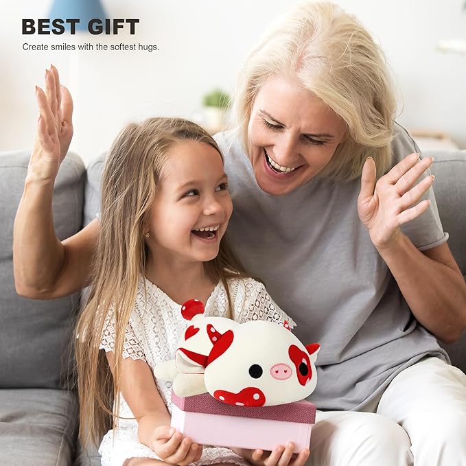 Onsoyours Cute Cow Plushie, Soft Stuffed Mushroom Cow Squishy Plush Animal Toy Pillow for Kids (Red Mushroom Cow, 9")