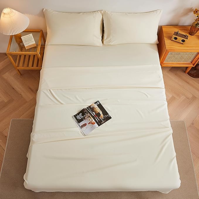 Twin Sheets Cream, Ultral Soft Cationic Linen Look Sheets, Luxury Cooling Cozy Bed Sheet Set with Non-Slip Fitted Sheet