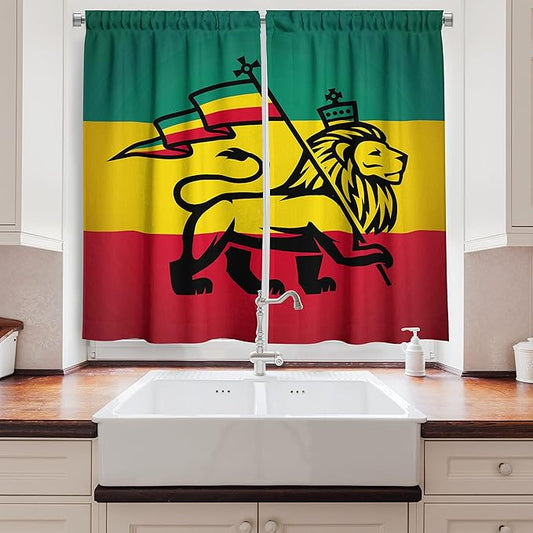 Ambesonne Rasta Kitchen Curtains, Judah Lion a Rastafari Flag Jungle Reggae Theme Art Vivid Colorful Print, Window Drapes 2 Panel Set for Kitchen Cafe Decor, 55" x 39", Yellow Red