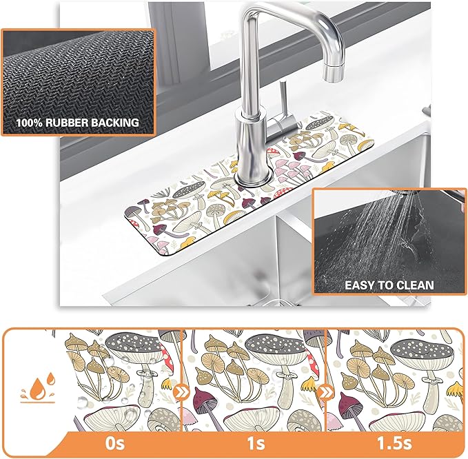 Kitchen Sink Splash Guard Faucet Mat Colorful Mushrooms Sink Splash Guard Behind Faucet,1 PC Soft Diatom Mud Non-Slip Mat-for Kitchen,Sink Mat,Dish Drying Mat,Bathroom Faucet Mat 15.5"X5.5"