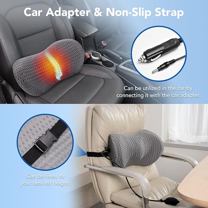 Lumbar Support Pillow Adjustable Traction Height with Heating for Lower Back Pain Relief, Memory Foam Back Pillow, Ideal for Office Chair, Recliner, Car Seat, Bed