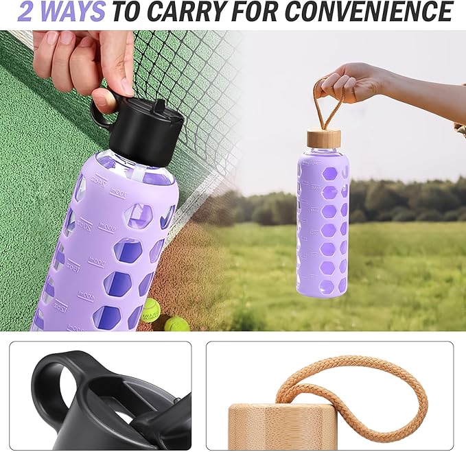 MUKOKO Glass Water Bottles, 24oz Glass Tumbler, Drinking Bottles with 2 Lids-Handle Flip Straw Lid&Bamboo Lid, Motivational Water Bottle with Time Marker and Silicone Sleeve, Leakproof-1 Pack-Purple