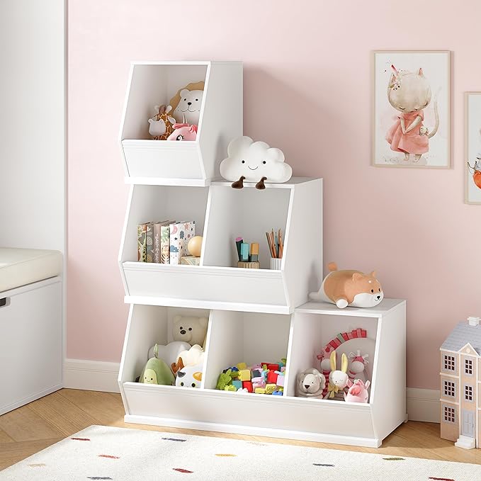 UTEX Toy Storage Organizer for Kids, Stackable Toy Storage Cabinet, Wooden Cubby Toy Organizer, White Toy Shelf for Playroom, Bedroom, Living room, Nursery, 2 Cubes