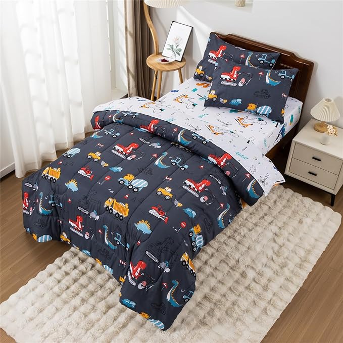 Meeting Story Construction Truck Car Twin Kid Comforter Set for Boys,5 Pieces Dinosaur Bedding Set with Sheets and Pillowcases,Excavator Lightweight Microfiber Bedding Sets(Grey,Twin5pcs)