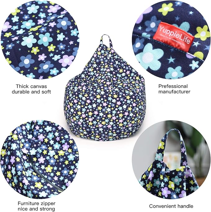 YuppieLife Kids Storage Bean Bag Cover(No Filling) Toy Organizer|Carrying Handle Sofa|Available for Kids and Teenager|Cuddle Chair|Machine Washable and Durable(38“,Blue Flowers)