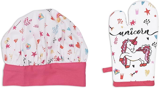 AMOUR INFINI 100% Cotton Unicorn 3-Piece Kitchen Set| Kid's Aprons, Oven Mitts, and Chef Hats|Kitchen Play,Cooking,Grilling,Baking,Thanksgiving,Christmas,Birthday Gift for Girls & Young Chefs