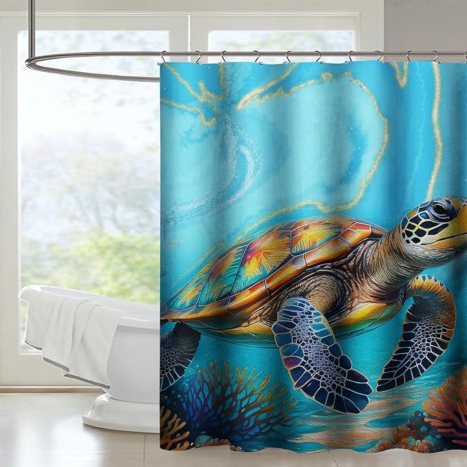AILONEN Kawaii Sea Turtle Shower Curtain,3D Ocean Animal Themed Bath Curtain Cloth Fabric Bathroom 72" W*84" H Inch,12 Pack Hooks for Kids Child,Colorful Marble Style Bathroom Curtain