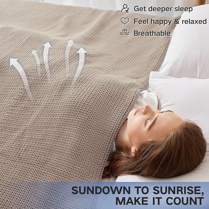 Knitted Weighted Blanket(Beige 50"x60" 7lbs),Home Décor Cooling Throw Blanket for Hot Sleepers,Hand Made Chunky Knit Heavy Blanket Use on Twin Size Bed