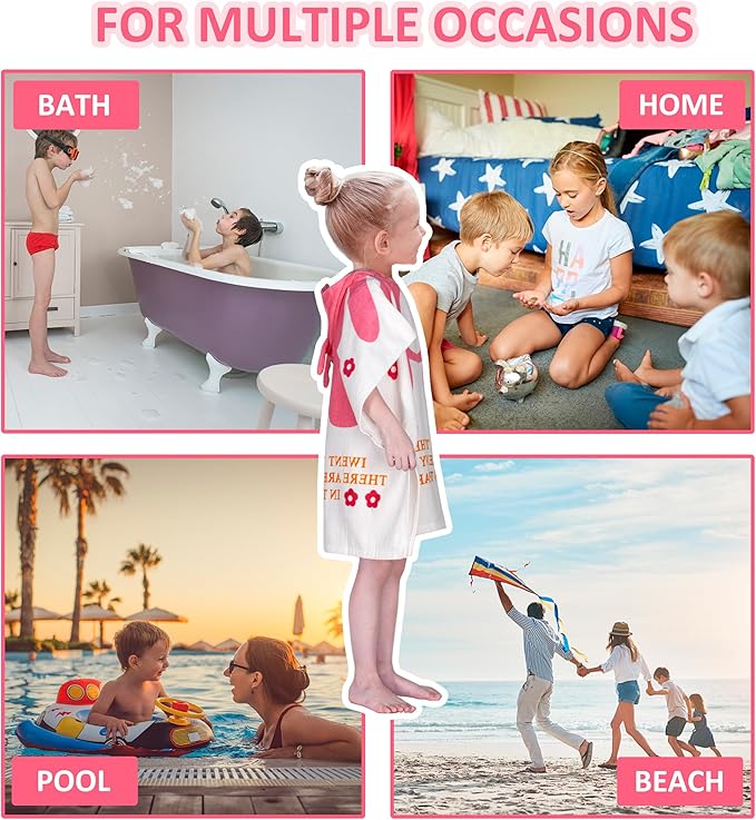 Toddler Bath Towel Hooded - Cotton Kids Beach Towel 24"x24" for Ages 1 to 5, Toddler Towels with Hood Snaps, Soft Terry Poncho Towel as Pool Swim Cover Ups for Girls Boys (Bunny Pink)