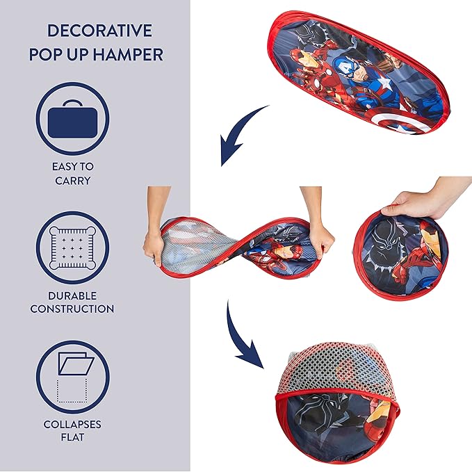 Idea Nuova Marvel Avengers Black Panther, Iron Man and Captain America Pop Up Hamper with Durable Carry Handles, 21'' H x 13.5'' W X 13.5'' L