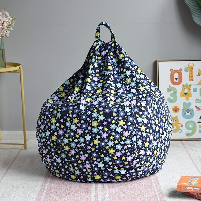 YuppieLife Kids Storage Bean Bag Cover(No Filling) Toy Organizer|Carrying Handle Sofa|Available for Kids and Teenager|Cuddle Chair|Machine Washable and Durable(38“,Blue Flowers)
