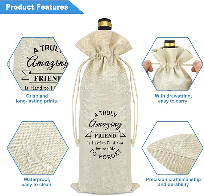 Best Friend Appreciation Gift Wine Bag Friendship Birthday Gifts for Women Bestie BFF Long Distance Friendship Gifts Drawstring Burlap Reusable Wine Bottle Bag Christmas Graduation Gifts for Friends