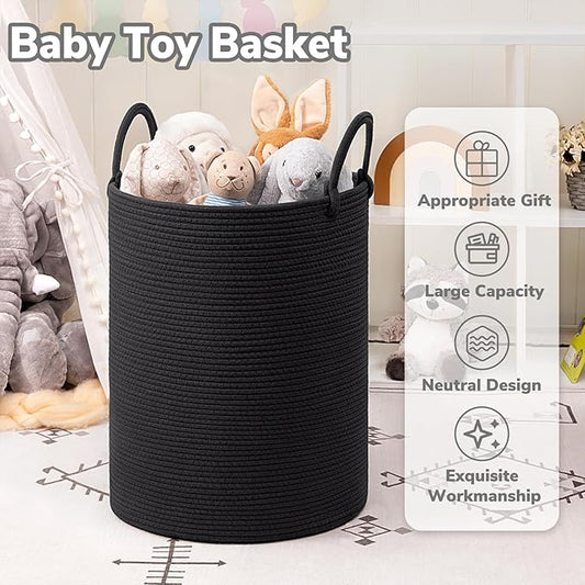 INDRESSME Woven Laundry Basket, Baby Nursery Hamper Bin Tall Storage Basket for Living Room, Kids Laundry Hamper for Clothes, Toys, Large Rope Basket for Blankets, Pillows, 19.7 x 13.8 inches, Black