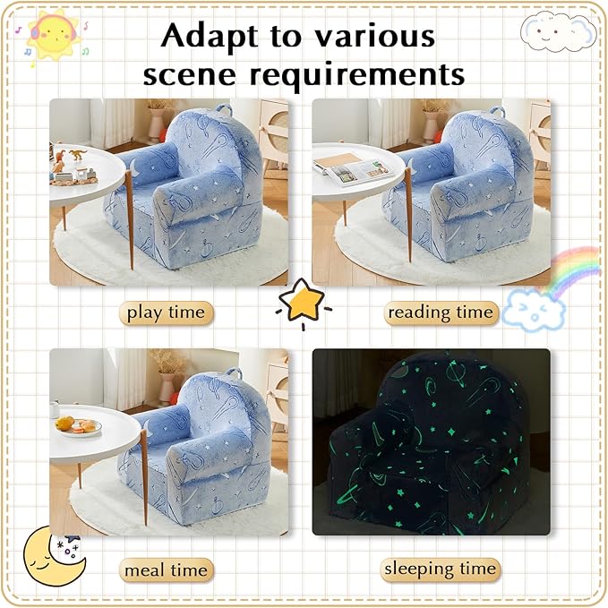 Toddler Chair Sherpa Couch Sherpa Kids Chair, Cuddly Comfy Toddler Plush Chair Toddler Couch Reading Chair for Kids Glow in The Dark Starry Sky Blue
