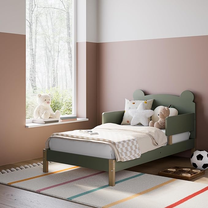 Storkcraft Teddy Bear Toddler Bed (Olive with Driftwood) - GREENGUARD Gold Certified, includes Toddler Safety Guardrails, Fits Standard Crib & Toddler Mattress, Stylish 2-Tone Design