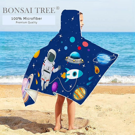 Spaceman Hooded Beach Towel for Kids, Cute Space Man Bath Towel with Hood, Boy Microfiber Super Absorbent Soft Poncho Bathrobe for Swin Pool 30" x 50”
