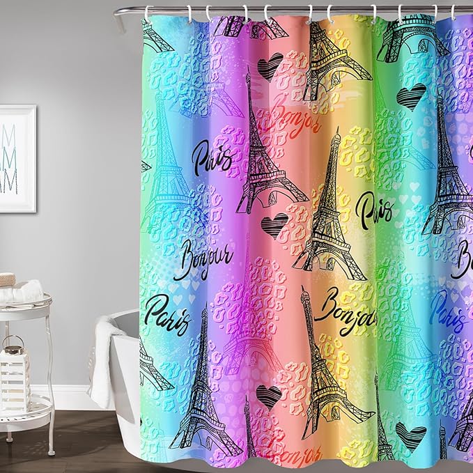 AILONEN Rainbow Shower Curtain for Bathroom, Rainbow Gradient Eiffel Tower Printed Bath Curtain,Women Girls Kids Minimalist Waterproof Fabric Shower Curtain Set with Hooks 48" W*72" H