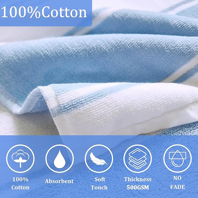VOOVA & MOVAS Hooded Poncho Towels for Big Kids Boys (8-16Years), 100% Cotton Thick Poncho Towel Robe for Kids, Perfect for Pool, Beach, Bath and Gifts, Blue White Stripe