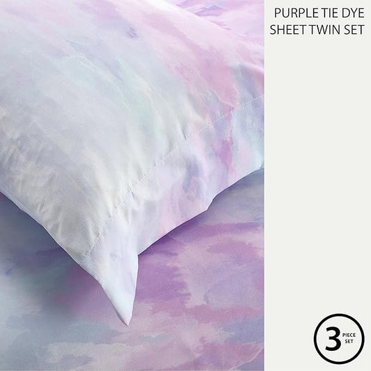 Heritage Kids 3 Piece Sheet Set, Including Top Sheet, Fitted Sheet and Pillow Case, Purple Watercolor Tie Dye, Twin