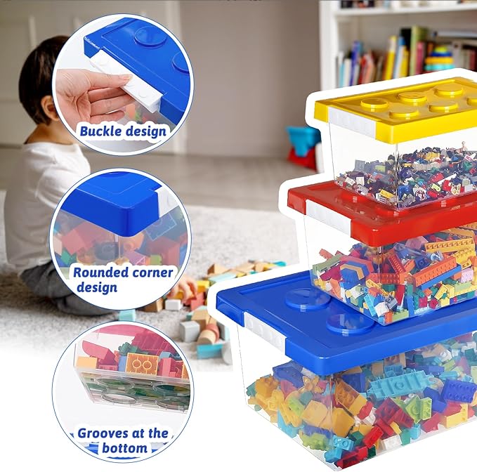 loobuu Plastic Storage Bins with Lids - Stackable Toy Storage Organizer Box Set of 3, Kids Toy Chests Container with Compatible Building Baseplate and Lid for Building Bricks - Yellow+Red+Blue