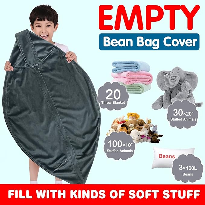 Lukeight Stuffed Animal Storage Bean Bag Chair Cover for Kids, Zipper Beanbag Chair Cover for Organizing Toddler and Kids' Rooms Plush Toys (Dark Gray Velvet, XX-Large)