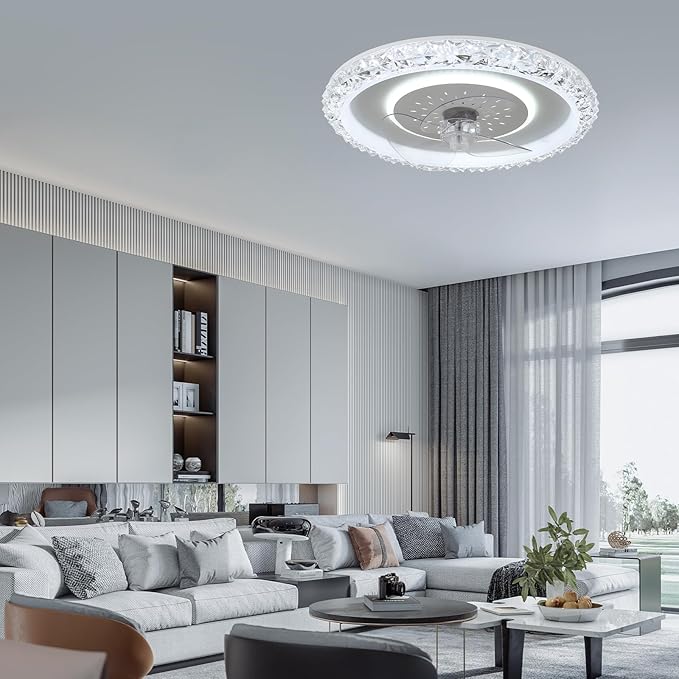 20" Ceiling Fans with Lights and Remote Control, Modern Crystal Flush Mount LED Ceiling Fan with 6 Wind Speeds, Dimmable and Reversible Fandelier for Bedroom Living Room