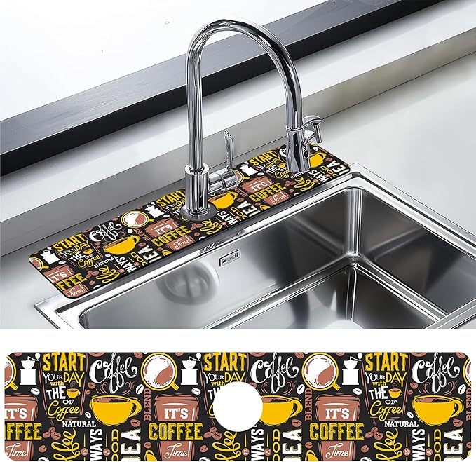 Kitchen Faucet Mat Coffee Poster Kitchen Sink Splash Guard Faucet Mat,1 PC Splash Guard Behind Faucet Drip Catcher for Kitchen,Sink Mat,Dish Drying Mat,Bathroom Faucet Mat 23.5""X5.5""