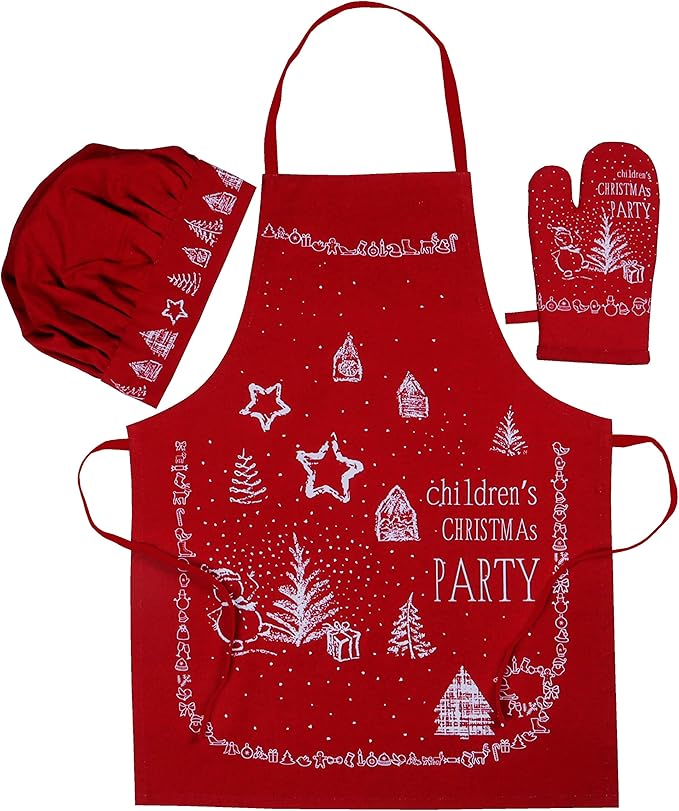 AMOUR INFINI 100% Cotton Christmas Party 5-Piece Kitchen Set Women's Aprons and Oven Mitts|Kid's Aprons, Oven Mitts, and Chef Hats for Kitchen Play, Baking Fun|Thanksgiving,Christmas Gift for Kid's