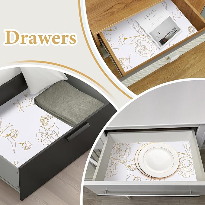 Shelf Liners for Kitchen Cabinets Non Adhesive Drawer Liner 23.6in x 30FT Gold Floral Thickened Shelf Liner Paper Strong Non-Slip Easy to Clean for Tool Box Refrigerator