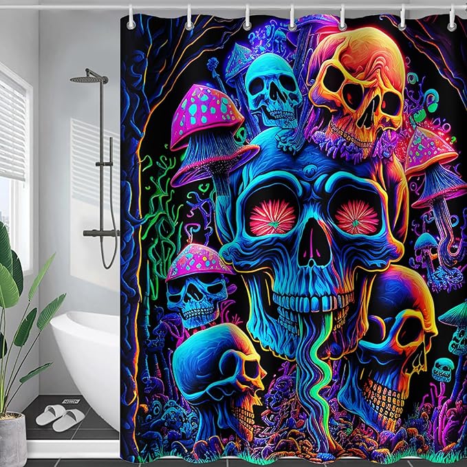 AILONEN Mushroom Skull Shower Curtain for Bathroom,Purple Mushroom Skull Bath Curtain,Fantasy Fairy Skull Skeleton Decoration Bathroom Waterproof Shower Curtain with 12 Plastic Hooks, 36" W*72" H