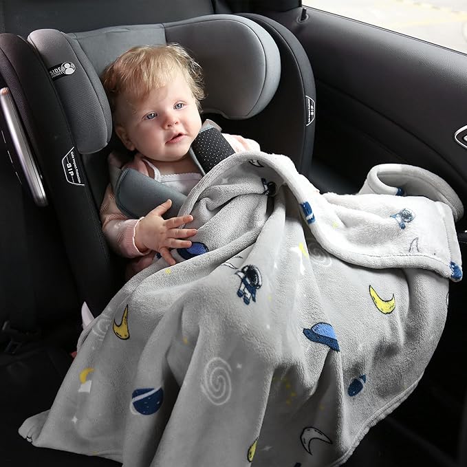 DaysU Plush Flannel Baby Blanket Super-soft Lightweight, Printed Fleece Baby Blanket for Boys, Portable Bed Throws for Baby Crib and Toddler Bed, Grey Space, 30”x40”